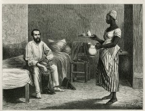 Retrato do autor e viajante, ao despertar, sendo servido o café em seu quarto por uma jovem haitiana, gravada por T.Wust, para ilustrar a história La republique d