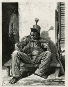 A facção do escritório do lugar, espingarda encostada à parede, devorando um pedaço de cana de açúcar, gravada por T.Wust, para ilustrar a história La republique d