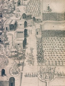 Uma aldeia indígena nativa rodeada por terras cultivadas na Virgínia de Theodore de Bry