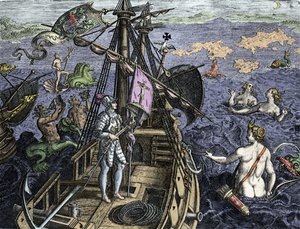 Allegorie des voyages de Christopher Columbus (1451-1506), gravura de "Historia Americae sive Novi Orbis" de Theodor de Bry (1527-1598), Amsterdam 1594 de Theodore de Bry