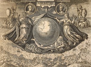 Alegoria das Índias Ocidentais ou Américas, com retratos dos navegadores Cristóvão Colombo e Américo Vespucci de Theodore de Bry