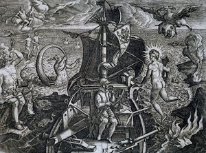 Alegoria das viagens de Fernão de Magalhães (1480-1521), gravada por Theodor de Bry (1528-1598) de Theodore de Bry