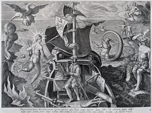 Alegoria sobre as viagens de Fernão de Magalhães (1480-1521), por Theodor de Bry (1528-1598) de Theodore de Bry