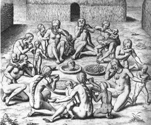 Refeições de antropofagos: Canibais da América do Sul - em "Admirante Narratio Americae", de Théodore de Bry de Theodore de Bry