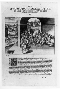 Chegada dos líderes holandeses à Guiné: a negociação para a compra de escravos destinados a ser vendidos de volta aos conquistadores espanhóis, em "Petits Voyages", 1585-88 de Theodore de Bry