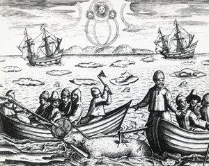 Aurora boreal e caça ao urso branco durante a terceira expedição liderada por William Barents (ca. 1550-1597) em busca da Passagem Nordeste em 1596, por Theodor de Bry (1528-1598), gravando de Theodore de Bry