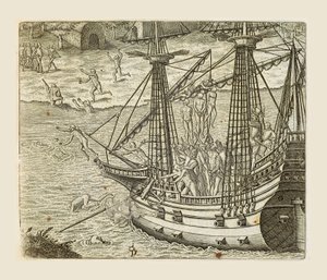 Bartolomeo Diaz pendurando alguns indianos na caravela, gravura de Theodor de Bry (1528-1598) de Americae pars quarta, sive, Insignis et admiranda historia de reperta primum Occidentali Índia Christophoro Columbo, de Girolamo Benzoni de Theodore de Bry