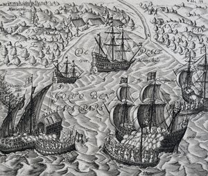Batalha em frente da cidade de Matical na Baía de Bengala, gravura de Indiae Orientalis, de Theodor de Bry (1528-1598) de Theodore de Bry