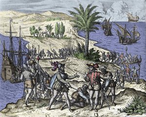 Cristóvão Colombo e seu irmão foram presos por Francisco de Bobadilla em 1500. Gravura de Théodore de Bry (1528-1598). de Theodore de Bry