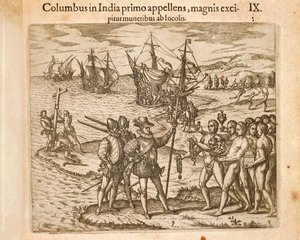 Cristóvão Colombo desembarca na ilha de Guanahani (San Salvador) 12 de outubro de Theodore de Bry