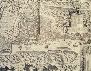 Cidade de Goa na Índia, Gravura de Theodor de Bry (1528-1598) do relato de viagem do marinheiro Jan Huyghen van Linschoten à Índia Oriental portuguesa (1579-1592),século XVI de Theodore de Bry