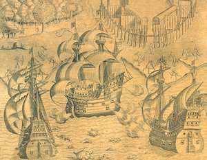 Clash Between French and Portuguese Ships in the Atlantic Ocean for possession of Brazil, Ilustração da História Americana por Theodore de Bry de Theodore de Bry