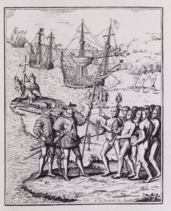 Colombo em Hispaniola, de "A História Narrativa e Crítica da América", editado por Justin Winsor, Londres, 1886 de Theodore de Bry