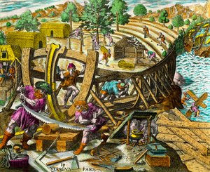 Construção de um barco para o navegador espanhol Vasco Nunez de Balboa (1475-1517) Gravura da "História das Américas" de Theodore de Bry (1528-1598) Século XVI. Coleção Particular de Theodore de Bry