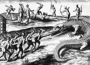Caça ao crocodilo na Flórida, da pintura de Jacques le Moyne de Morgues (ca. 1533- antes de 1588), de Theodor de Bry (1528-1598). gravura de Theodore de Bry