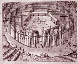 Sistema de defesa das cabanas dos índios por uma fila dupla de troncos de árvores plantadas em volta. As cabeças cortadas dos inimigos são colocadas no topo (Gravura de Theodore de Bry