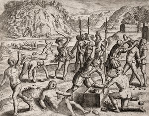 Descrição dos crimes infligidos aos índios por colonos espanhóis - Conquistadores massacrando uma aldeia indígena. Amputations des mains - Gravura de Theodore de Bry em "Narratio regionum indicarum per Hispanos quosdam devastatarum verissima" de Bartolome  de Theodore de Bry