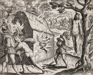 Descrição dos crimes infligidos aos índios pelos colonos espanhóis - Incêndio de uma aldeia indígena pelos Conquistadores. Enforcamento - Gravura de Theodore de Bry em "Narratio regionum indicarum per Hispanos quosdam devastatarum verissima" de Bartolome d de Theodore de Bry