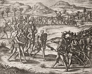 Descrição dos crimes infligidos aos índios pelos colonos espanhóis - Índios trazendo presentes e ouro aos Conquistadores - Gravura de Theodore de Bry em "Narratio regionum indicarum per Hispanos quosdam devastatarum verissima" de Bartolome de las Casas ( de Theodore de Bry