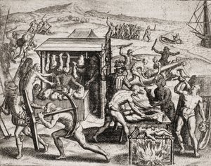 Descrição dos crimes infligidos aos índios por colonos espanhóis - Conquistadores espanhóis fazendo os índios trabalhar e maltratando-os - Índios antropófagos - Gravura de Theodore de Bry em "Narratio regionum indicarum per Hispanos quosdam devastatarum ve de Theodore de Bry