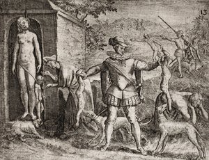 Descrição dos crimes infligidos aos índios por colonos espanhóis - Conquistadores espanhóis massacrando mulheres e crianças indígenas. Enforcamento. Crianças jetes aux chiens - Gravura de Theodore de Bry em "Narratio regionum indicarum per Hispanos quosdam de Theodore de Bry