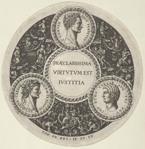Projeto para um prato com retratos dos imperadores romanos César, Cláudio e Otão, ca...., ca. 1588. de Theodore de Bry