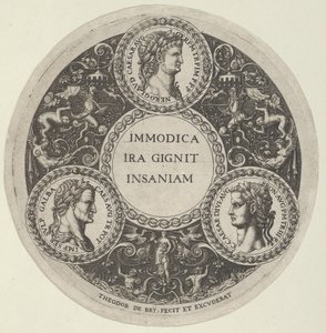Design para um prato com retratos dos imperadores romanos Nero, Galba e Calígula, ca. ..., cerca de 1588. de Theodore de Bry