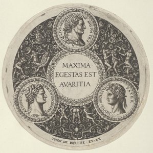 Projeto para um prato com retratos dos imperadores romanos Vitélio, Domiciano e Augusto..., ca. 1588. de Theodore de Bry