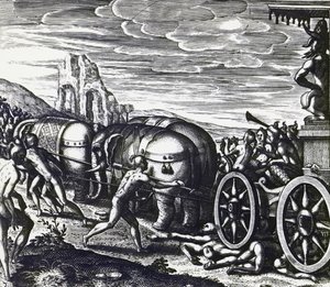 Devotos sendo esmagados por carruagem durante procissão de ídolo, por Theodor de Bry (1528-1598), gravando de Theodore de Bry