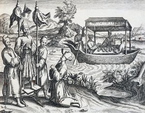 Rua dos dignitários, da viagem realizada por Jan Huyghen van Linschoten (1563-1611) entre 1583 e 1592, gravura da Índia Orientalis por Theodor de Bry (1528-1598), China de Theodore de Bry