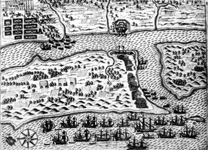 Drake captura o barco "Saint Augustin", em 1586, por De Bry de Theodore de Bry