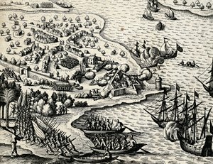 Expedição holandesa ao longo da costa de Moçambique, gravura da Índia orientalis por Theodor de Bry (1528-1598) de Theodore de Bry