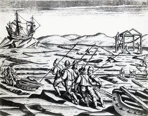 Expedição liderada por William Barents (ca. 1550-1597) em busca da Passagem Nordeste, de Peregrinationes, por Theodor de Bry (1528-1598), gravando de Theodore de Bry
