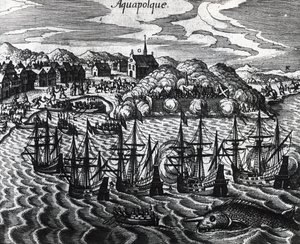 Frota de galeões no Porto de Acapulco, de Theodor de Bry (1528-1598), gravura de Theodore de Bry