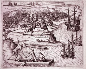 Quarta viagem de Cristóvão Colombo na ilha da Jamaica em 1503 (Gravura de Theodore de Bry