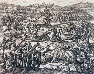 As tropas de Francisco Pizarro (cerca de 1475-1541) capturando o Imperador Inca Atahualpa durante a Batalha de Cajamarca, 16 de novembro de Theodore de Bry