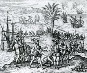 Francisco de Bobadilla chegando como governador e prendendo Cristóvão Colombo (1451-1506) em Hispaniola, 1500, 1590 de Theodore de Bry