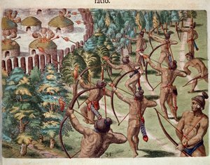 História da América: "Uma tribo indígena ataca uma aldeia na Flórida à noite" Gravura de "Admirante Narratio Americae" de Theodore de Bry (1528-1598) de Theodore de Bry