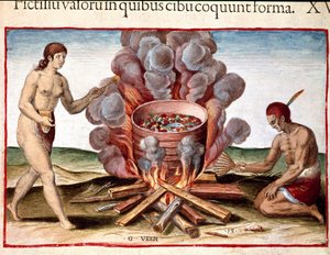 História da América: "Indian cooking fish" Gravura de "Admirante Narratio Americae" de Theodore de Bry (1528-1598) de Theodore de Bry