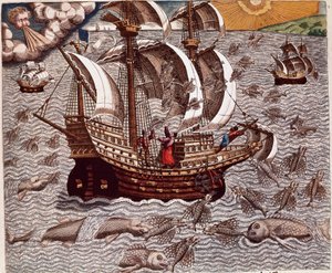 História da América: "Viagem de caravelas espanholas rodeadas de peixes voadores" Recito das viagens de Hans Staden, explorador alemão que partiu com as frotas espanholas para o Brasil, capturado pelos índios Tupinamba. Gravura de "Americae tertia pars mem de Theodore de Bry