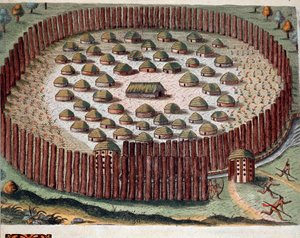 História da América: "Representação de uma aldeia indígena fortificada na Flórida" Gravura de "Admirante Narratio Americae" de Theodore de Bry (1528-1598) de Theodore de Bry