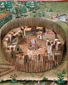 História da América: "Representação da cidade fortificada Pomeiock ou Pomeiooc na Virgínia em 1585" Gravura de "Admirante Narratio Americae" de Theodore de Bry (1528-1598) de Theodore de Bry