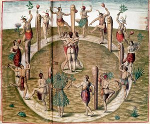 História da América: "Ritual Dance to Celebrate Friendship" Gravação de Theodore de Bry (1528-1598). Século XVI Vincennes, Museu Histórico da Marinha de Theodore de Bry