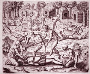 História da América: descrição das torturas infligidas pelos índios aos colonos espanhóis, derramando ouro em suas bocas e cortando seus membros para comê-los (Gravura