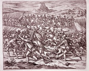 História da América: lutas entre os exércitos de Vaca de Castro e Almagro junior após a morte de Francisco Pizarro e Diego de Almagro (Gravura de Theodore de Bry
