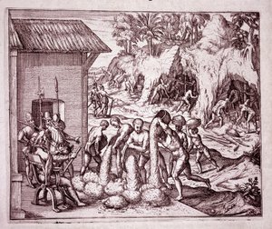 História da América: os espanhóis exploram as minas de ouro (Gravura de Theodore de Bry