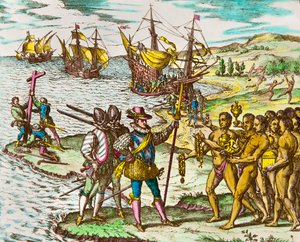 História da América: o explorador Cristóvão Colombo (1451-1506) é recebido pelos índios na sua chegada ao Novo Mundo" Gravura de Theodore De Bry (1528-1598) Gravura do século XVI