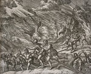 Furacão afundando a Santa Maria, a caravela de Cristóvão Colombo de Theodore de Bry