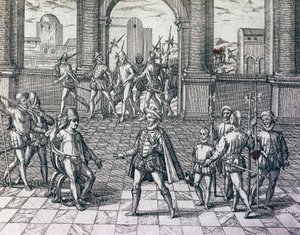 Imperador Inca Atahualpa sendo feito prisioneiro por espanhóis em Cajamarca, Peru, gravura de História Americana de Theodore de Bry (1528-1598), Frankfurt de Theodore de Bry