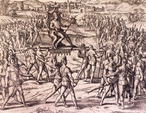 Imperador Inca Atahualpa derrotado pelas tropas espanholas de Francisco Pizarro (1475-ca 1541), Peru, gravura da História americana de Theodore de Bry (1528-1598), Frankfurt de Theodore de Bry
